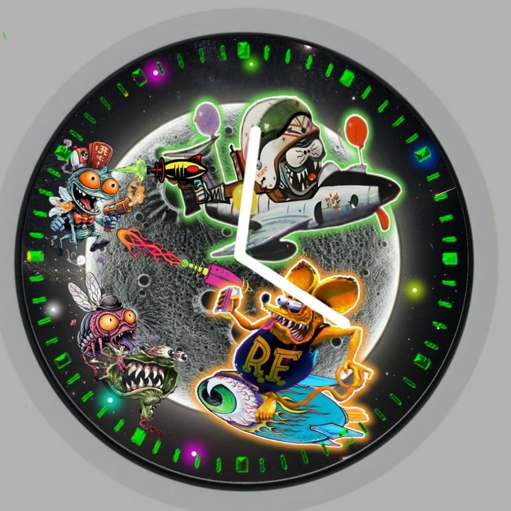 Rat fink Neon Space Monster Wall Clock - Ed Roth Inspired Kaos In Space